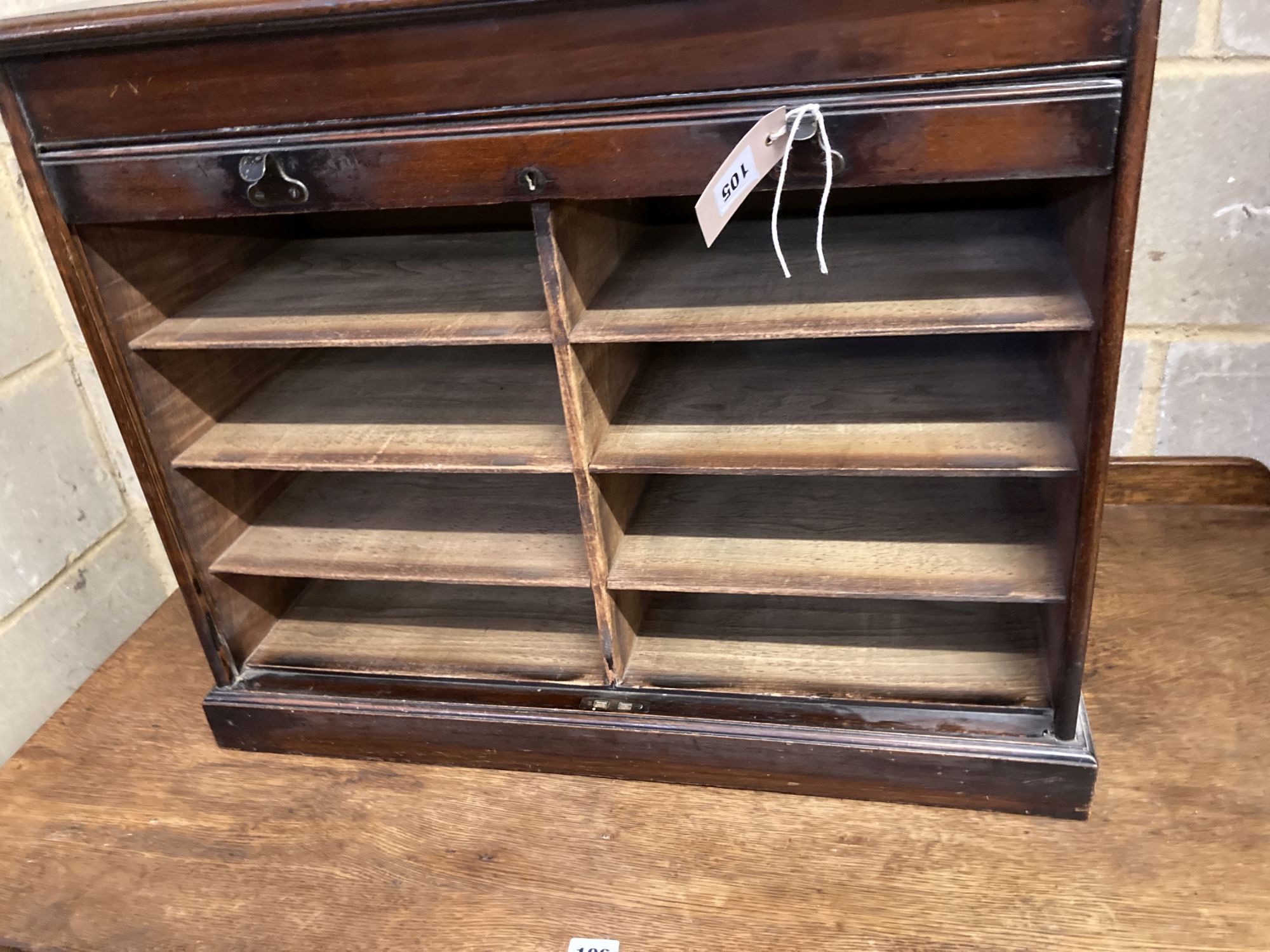 An early 20th century mahogany tambour table top office cabinet, width 68cm, depth 31cm, height 56cm